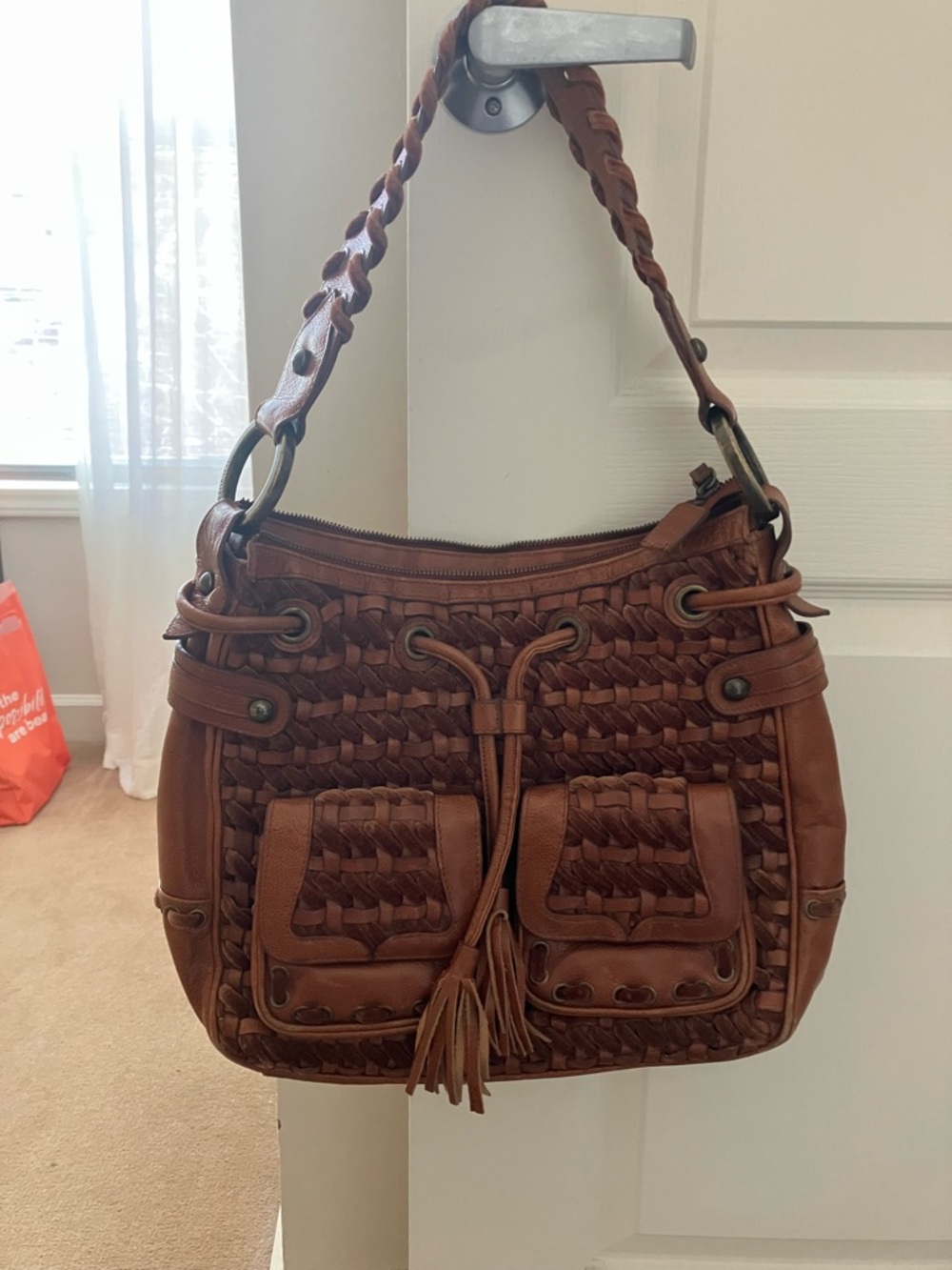 Isabella Fiore Woven Brown Leather Shoulder Bag with Intricate Details